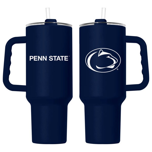 navy travel mug with Penn State on one side, Athletic Logo on other